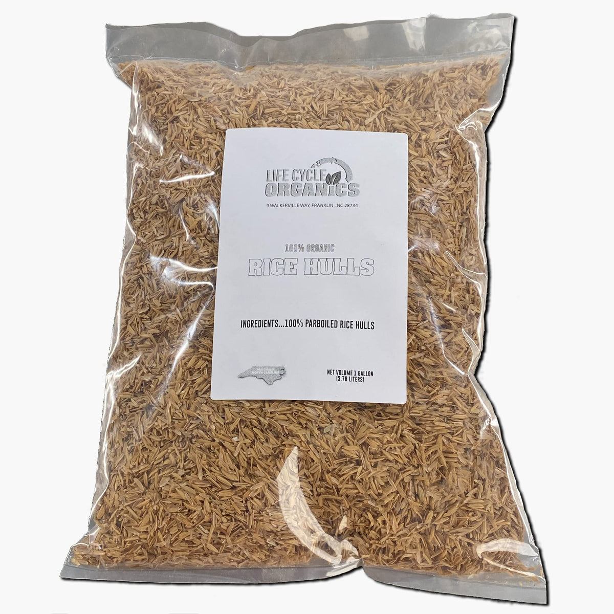 Life Cycle Organics Organic Rice Hulls bag-open shows a natural soil drainage amendment.