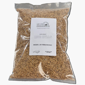 Life Cycle Organics Organic Rice Hulls bag-open shows a natural soil drainage amendment.
