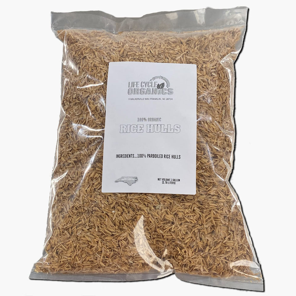 Life Cycle Organics Organic Rice Hulls bag-open shows a natural soil drainage amendment.