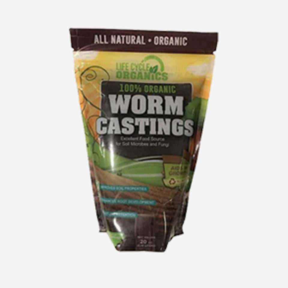 Life Cycle Organics worm castings bag ready for garden soil enrichment