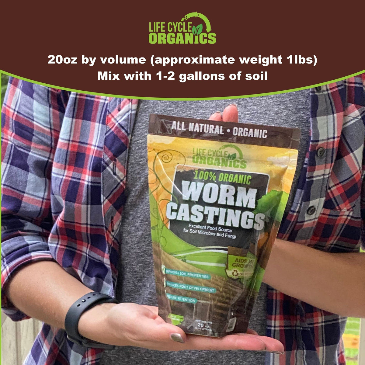 Life Cycle Organics worm castings resealable pouch for easy storage