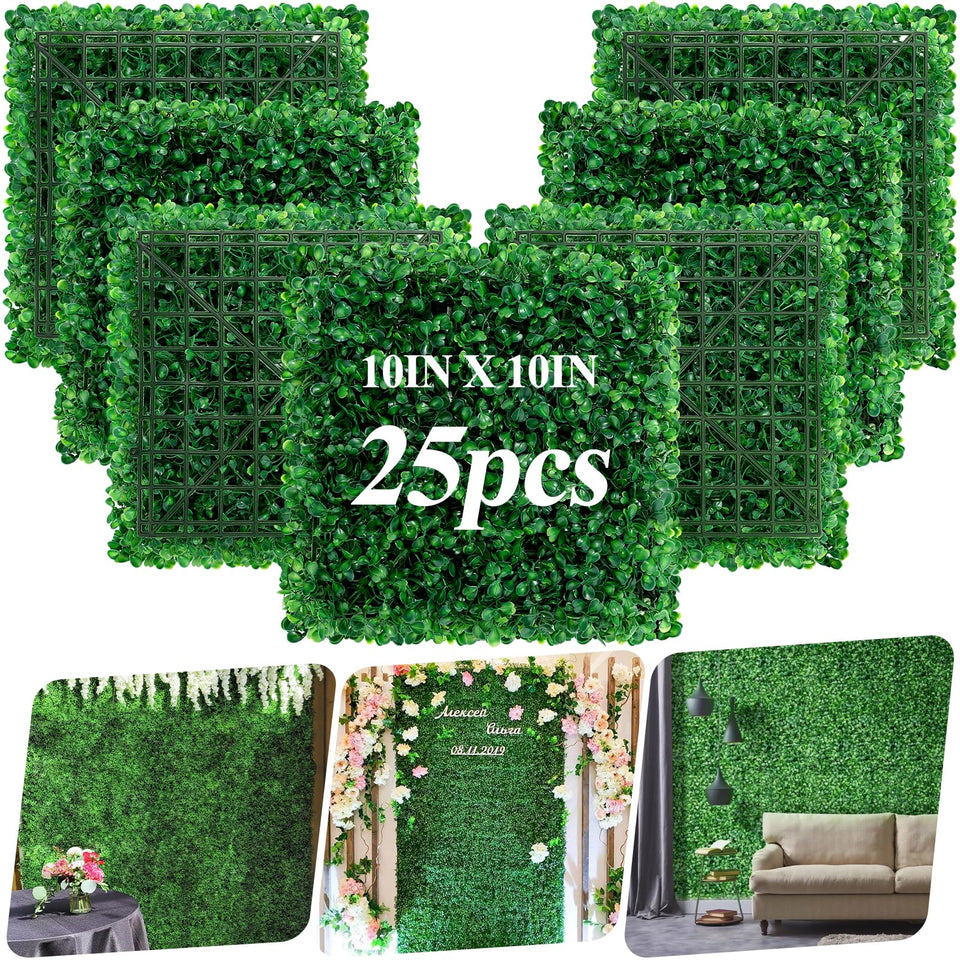 LifeisLuck 25pcs artificial grass wall panels create a dense privacy backdrop for outdoor walls.