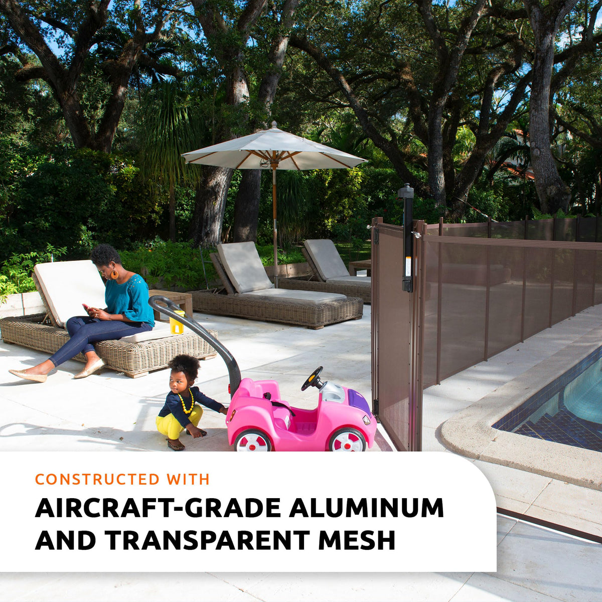 Stainless steel pins anchor the fence to various surfaces.