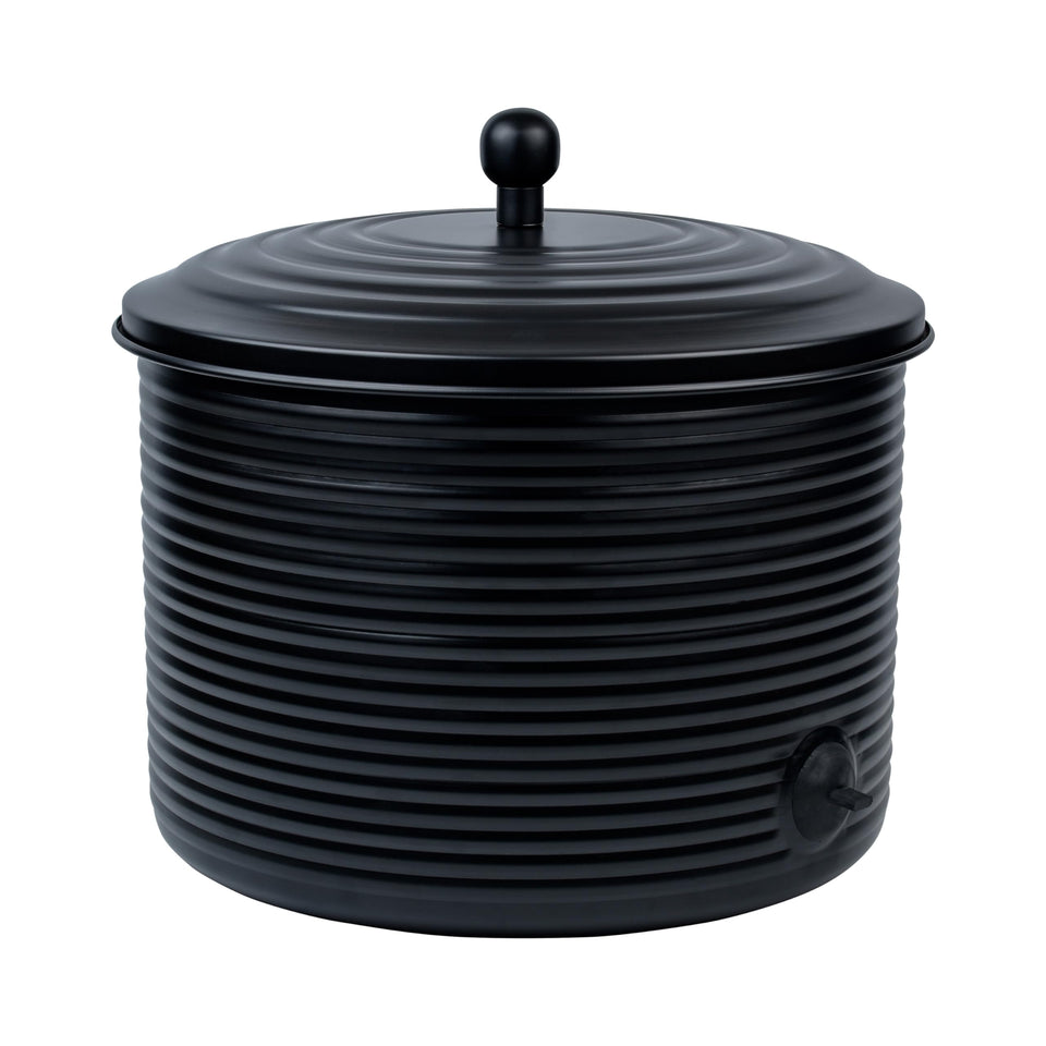 LifeSmart garden hose pot with lid shows antique ribbed design for tidy outdoor storage.