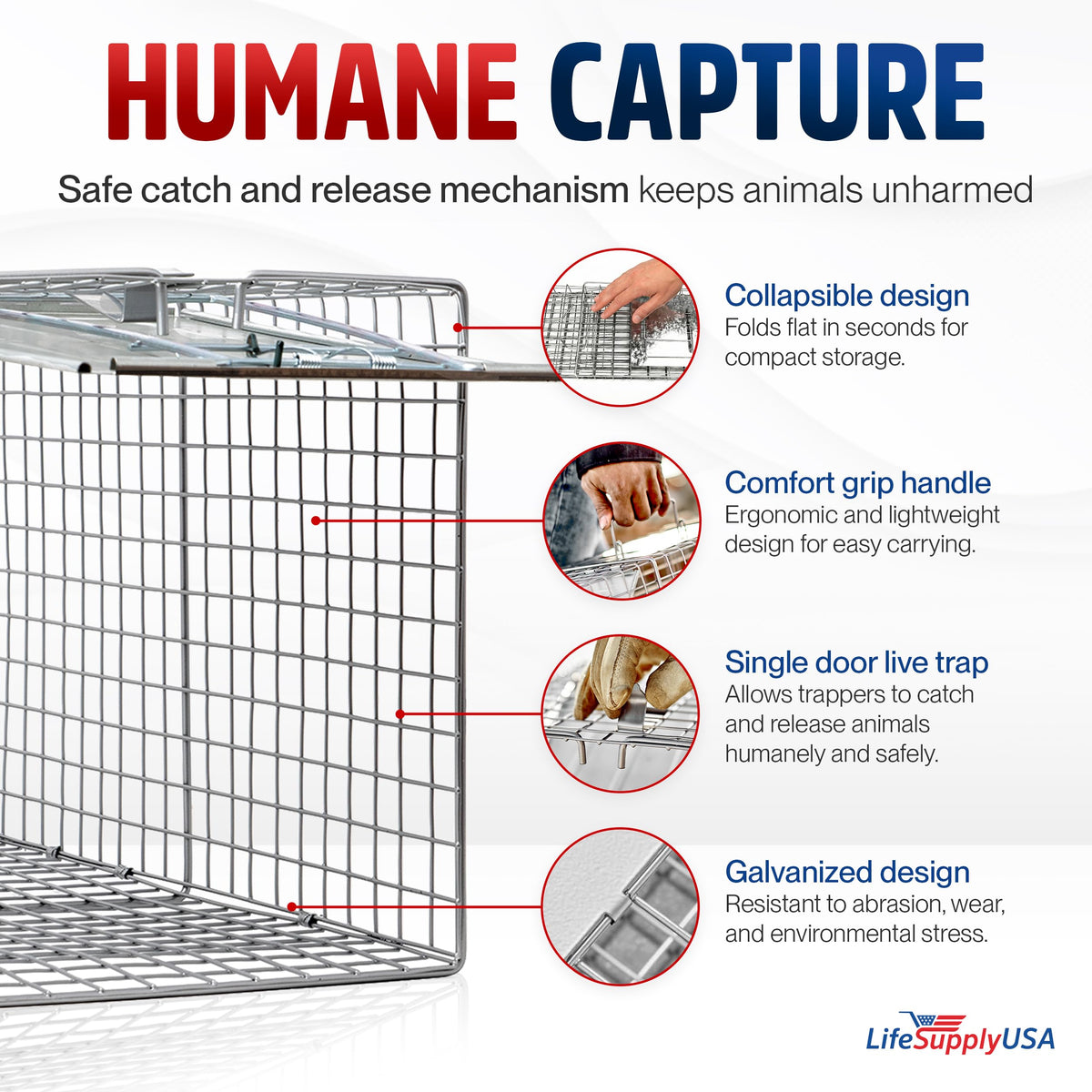 LifeSupplyUSA 24-inch cat trap safety gravity-door for humane capture and relocation.