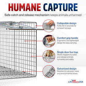 LifeSupplyUSA 24-inch cat trap safety gravity-door for humane capture and relocation.