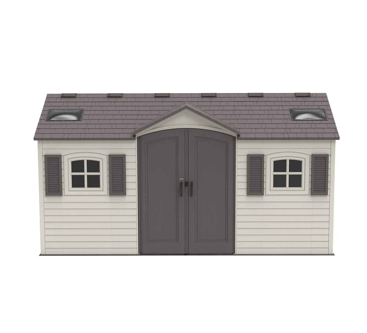 Lifetime 15x8ft dual-entry shed door configuration enables convenient access from two sides