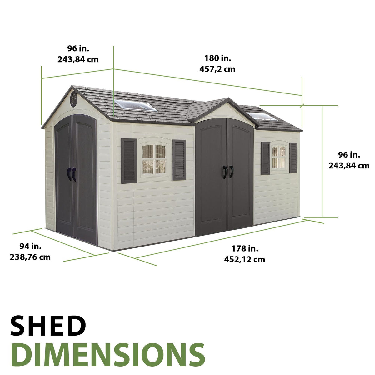 Lifetime 15x8ft dual-entry shed floor detail shows slip-resistant HDPE surface