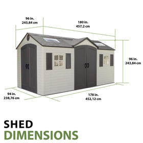 Lifetime 15x8ft dual-entry shed floor detail shows slip-resistant HDPE surface