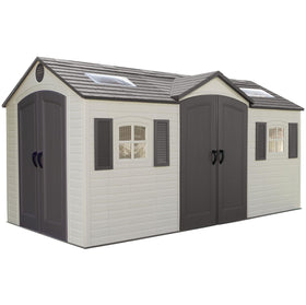 Lifetime 15x8ft dual-entry shed front view shows sturdy desert sand exterior for backyard storage