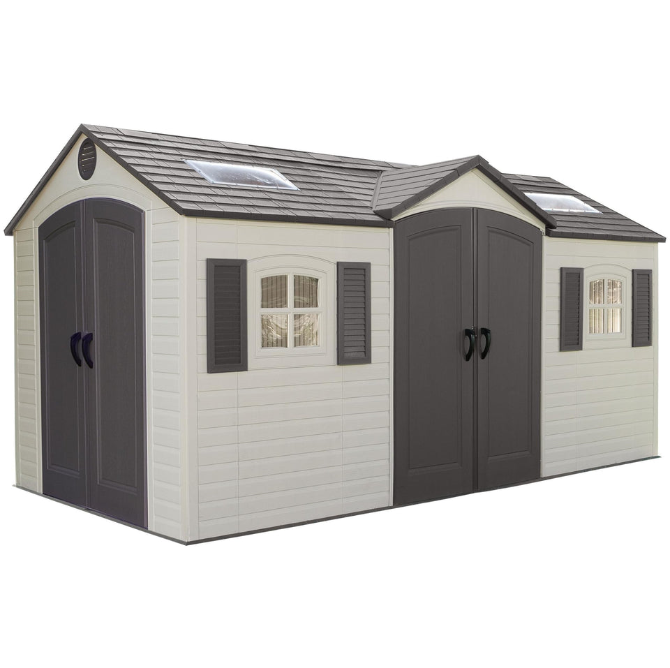 Lifetime 15x8ft dual-entry shed front view shows sturdy desert sand exterior for backyard storage