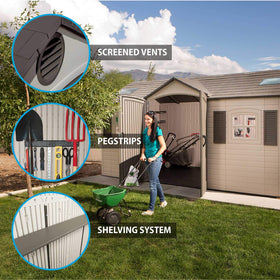 Lifetime 15x8ft dual-entry shed skylights interior provides natural light for organized work