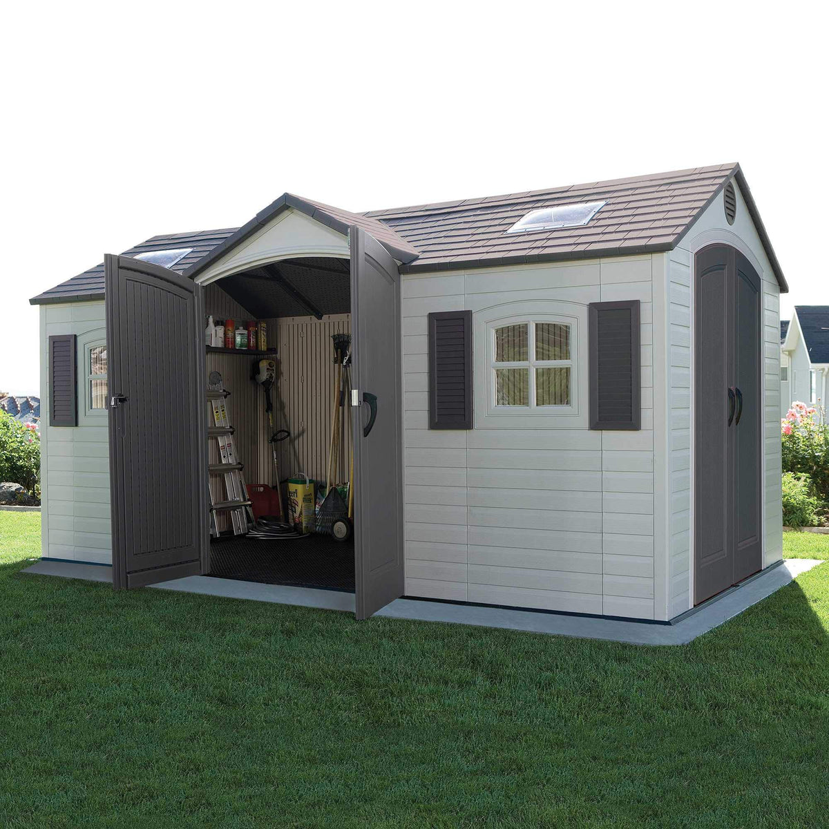 Lifetime 15x8ft dual-entry shed shelving area offers built-in organization