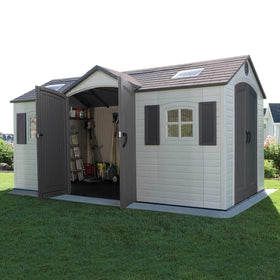 Lifetime 15x8ft dual-entry shed shelving area offers built-in organization