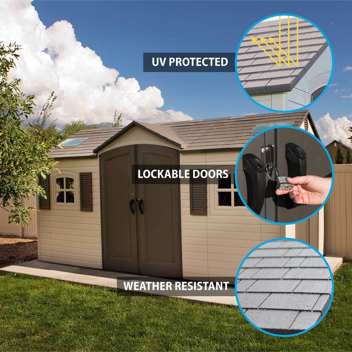 Lifetime 15x8ft dual-entry shed side-entry demonstrates easy access to tools and gear