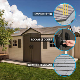 Lifetime 15x8ft dual-entry shed side-entry demonstrates easy access to tools and gear