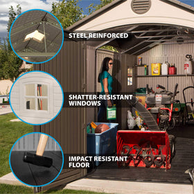 Lifetime 15x8ft dual-entry shed windows view features shatter-proof panels and ventilation