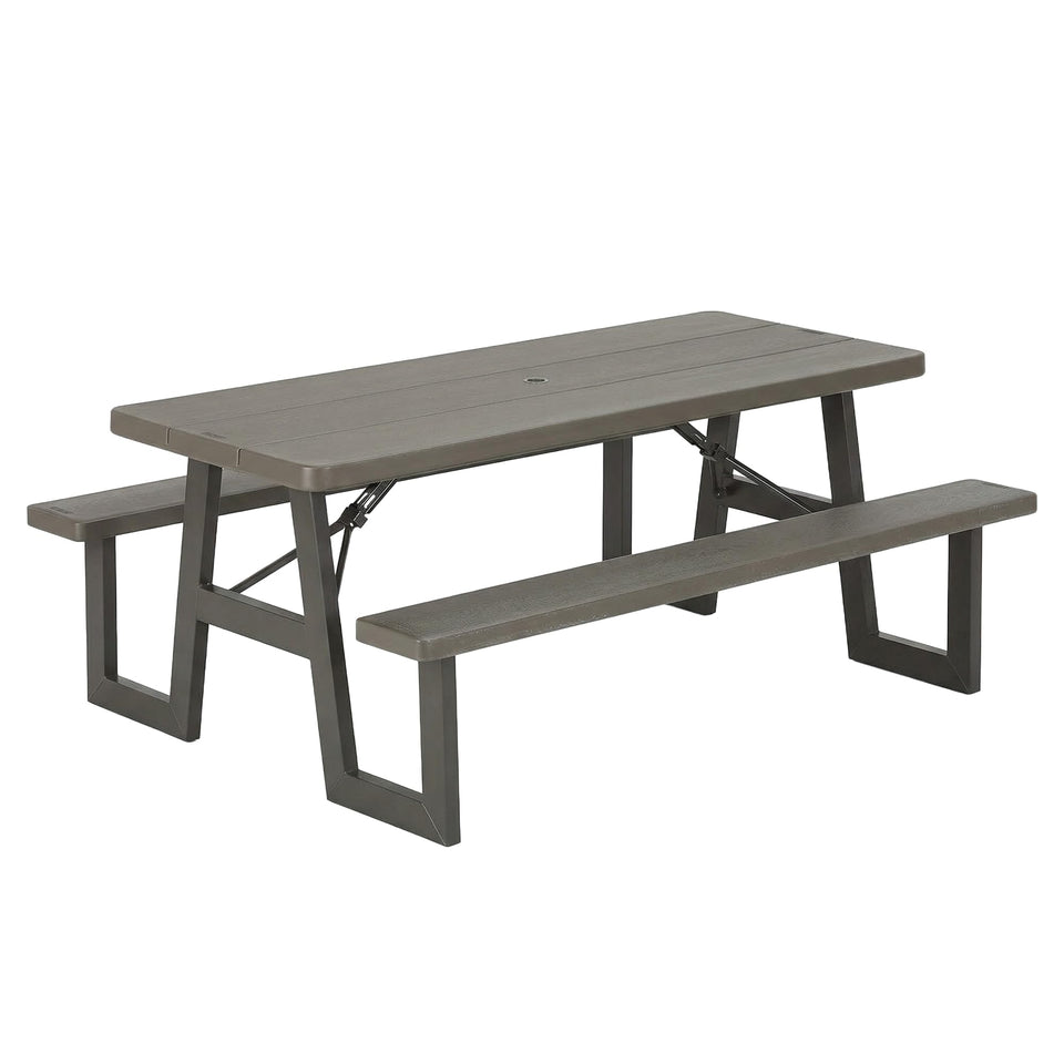 LIFETIME 6-Foot Folding Picnic Table with Benches set up for outdoor dining.