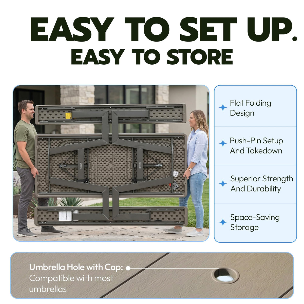 Flat-fold design demonstrated for compact storage and transport.