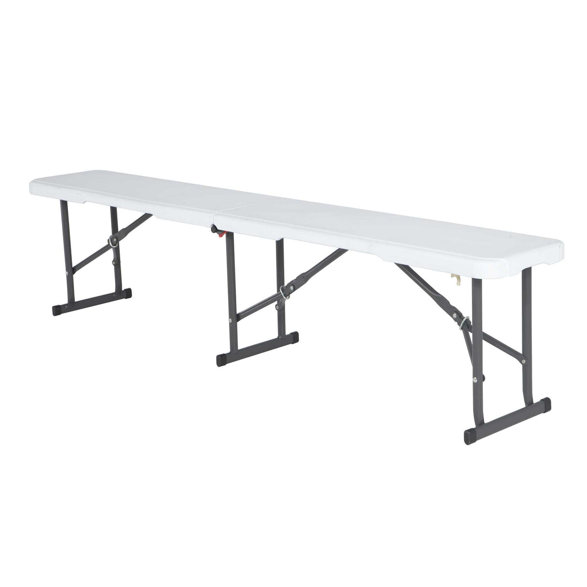 Lifetime fold-in-half bench seat shown open for easy outdoor seating.