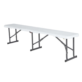 Lifetime fold-in-half bench seat shown open for easy outdoor seating.