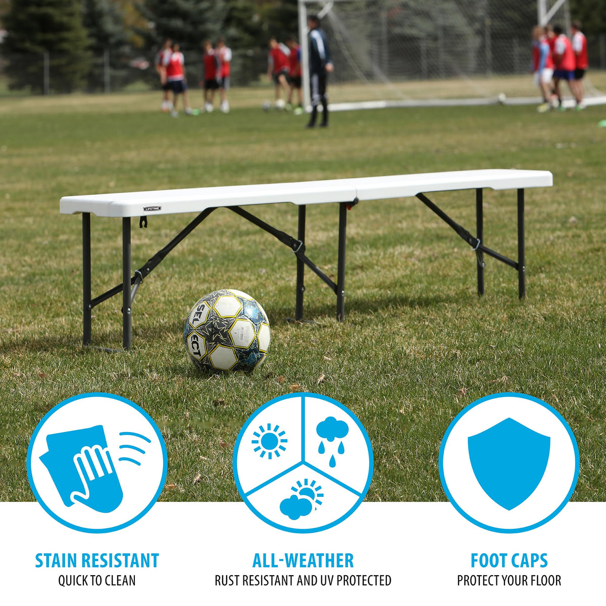 Lifetime folding compact bench setup demonstrates mobile storage and transport.