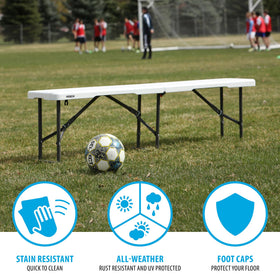 Lifetime folding compact bench setup demonstrates mobile storage and transport.