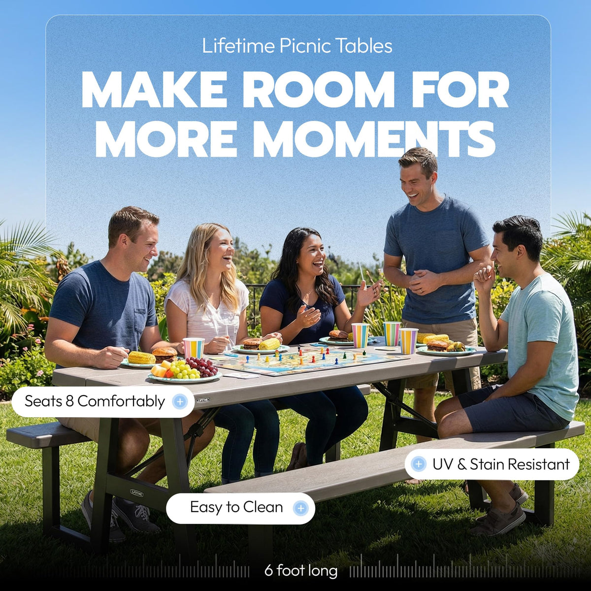 HDPE tabletop shows the 2-17 inch thick surface for durability.