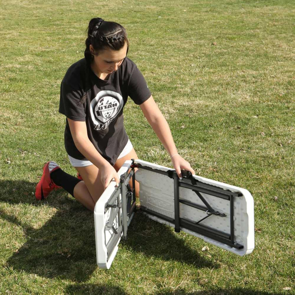 Lifetime powder-coated steel frame provides sturdy support for daily use.