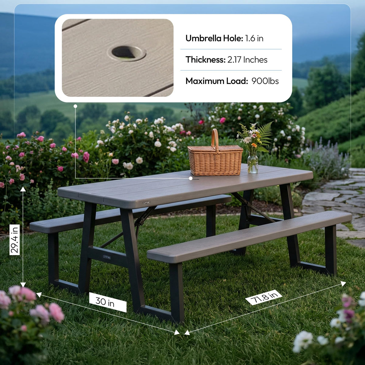 Built-in umbrella hole in tabletop offers shade on sunny days.