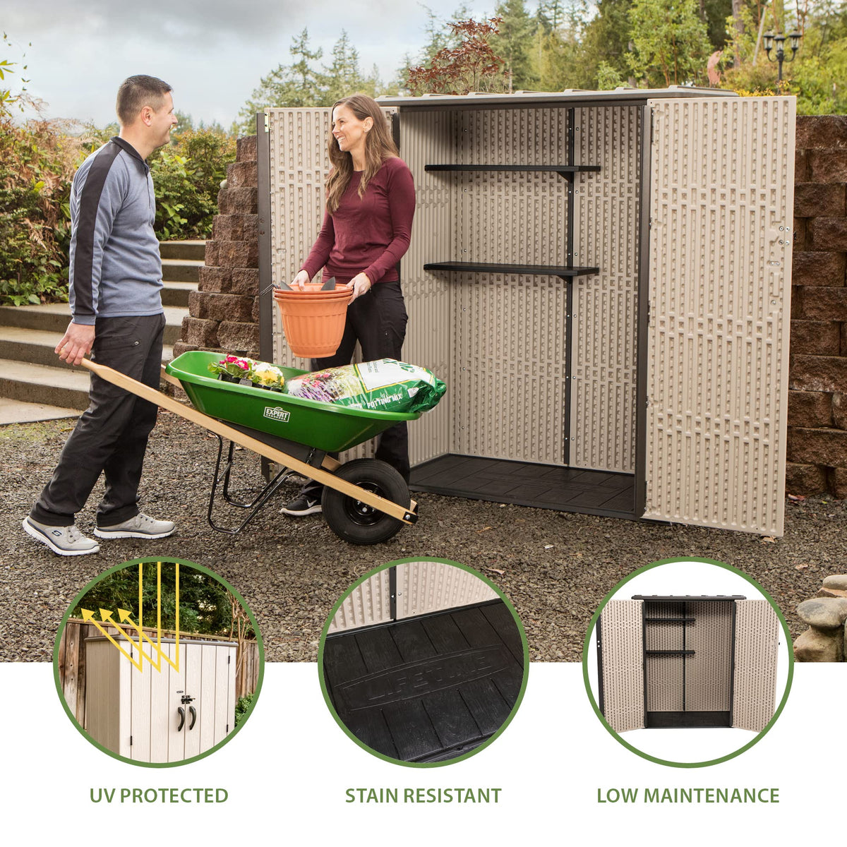 Lifetime Vertical Storage Shed Desert Sand dimensions show compact yet spacious footprint.
