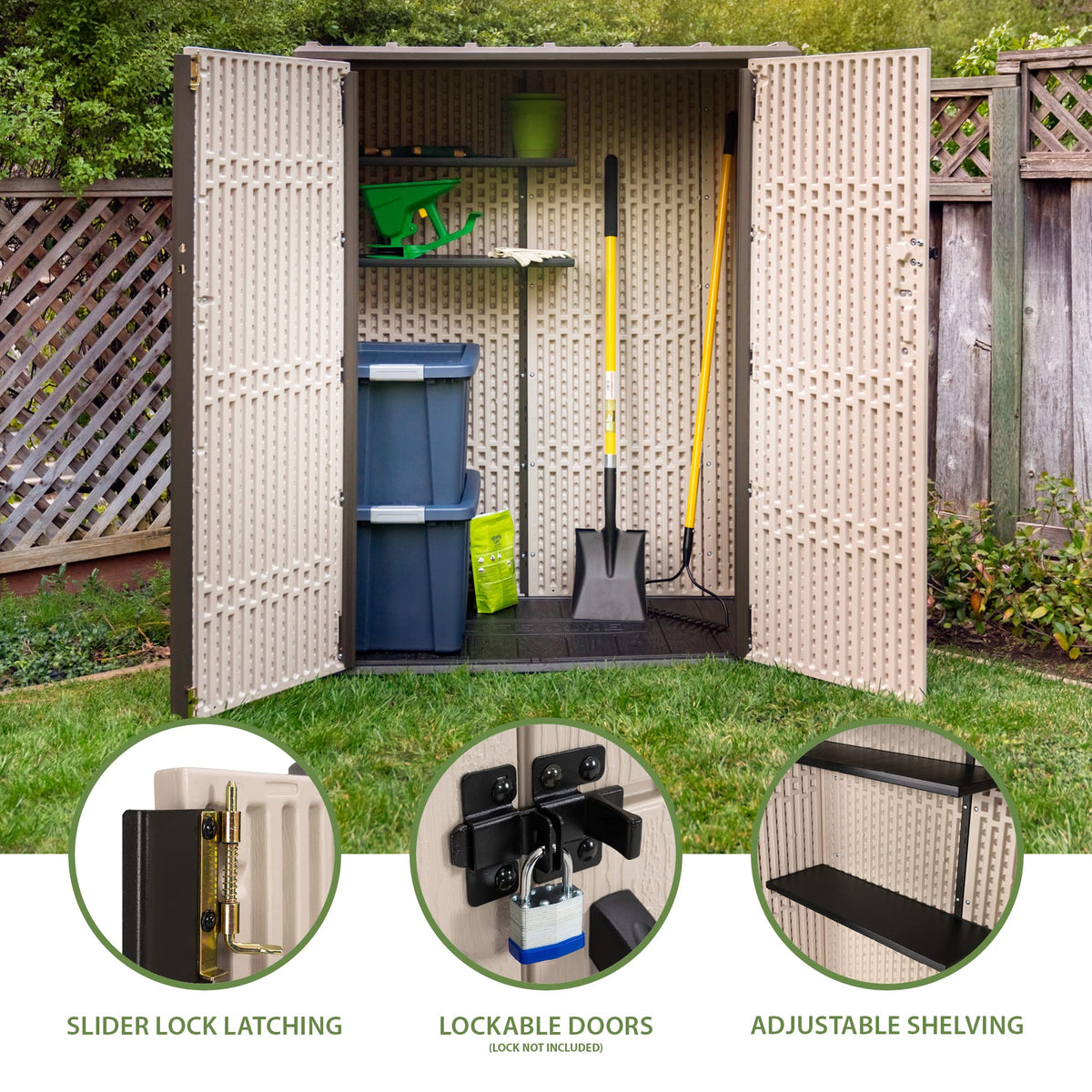 Lifetime Vertical Storage Shed Desert Sand door latches indicate secure, lock-ready access.