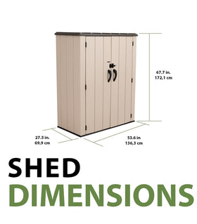 Lifetime Vertical Storage Shed Desert Sand satin finish resists fading and cleans easily.
