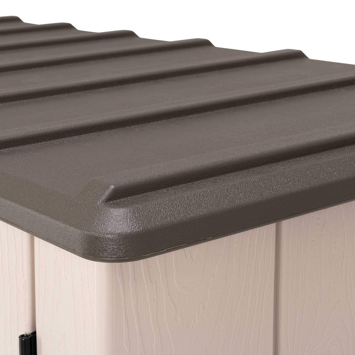 Lifetime Vertical Storage Shed Desert Sand vertical shed fits a standard mower and garden gear.