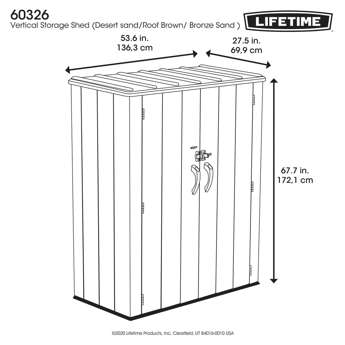 Lifetime Vertical Storage Shed Desert Sand steel reinforcement adds strength for heavier items.