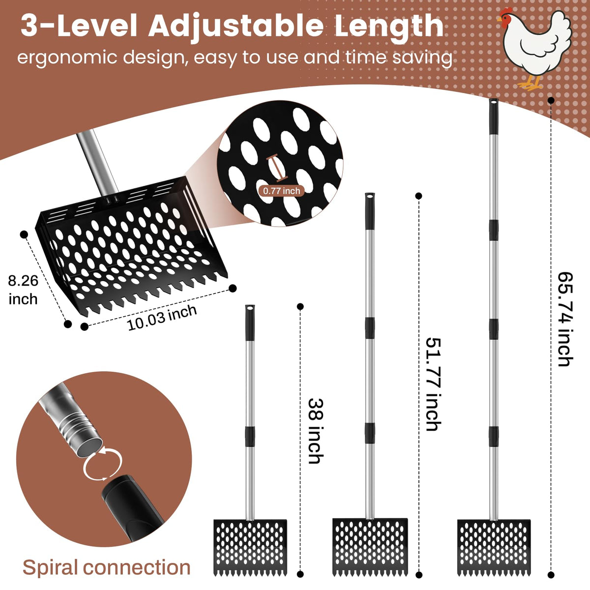 LIFFEE 10-inch metal shovel head enables efficient waste sifting.