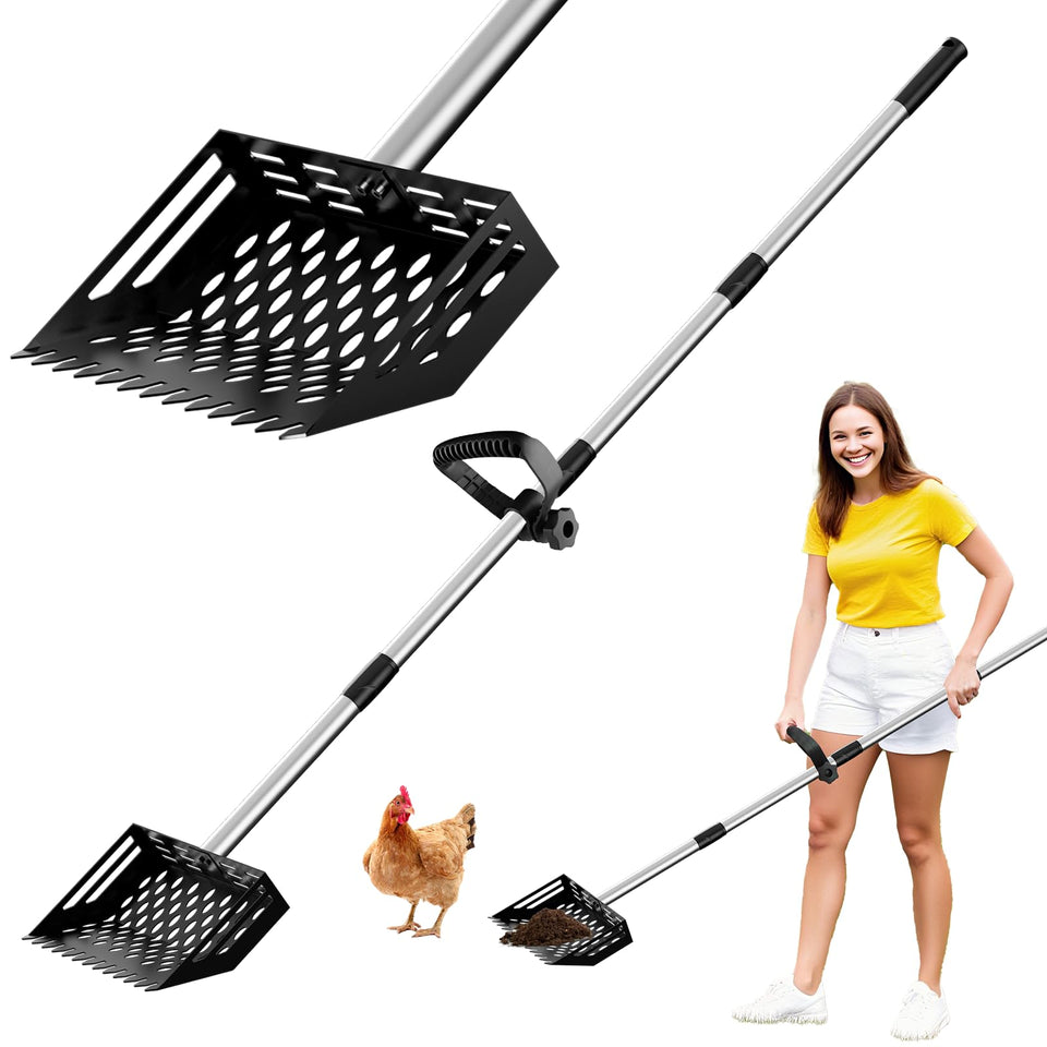 LIFFEE 2-in-1 chicken poop scooper with wide head for quick coop cleaning.