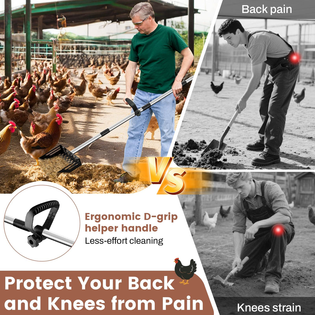 LIFFEE ergonomic rubber grip reduces strain during coop cleanup.