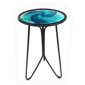 LIFFY patio side table with blue glass top, sturdy round end table for spaces