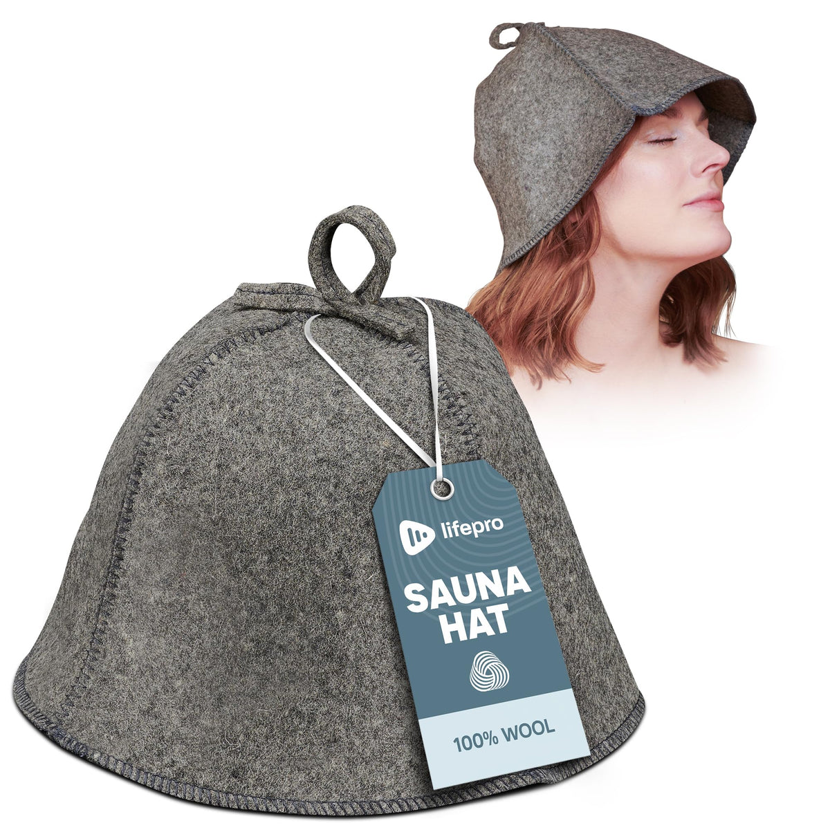 LifePro sauna hat wool felt on head and reduces overheating during sauna sessions