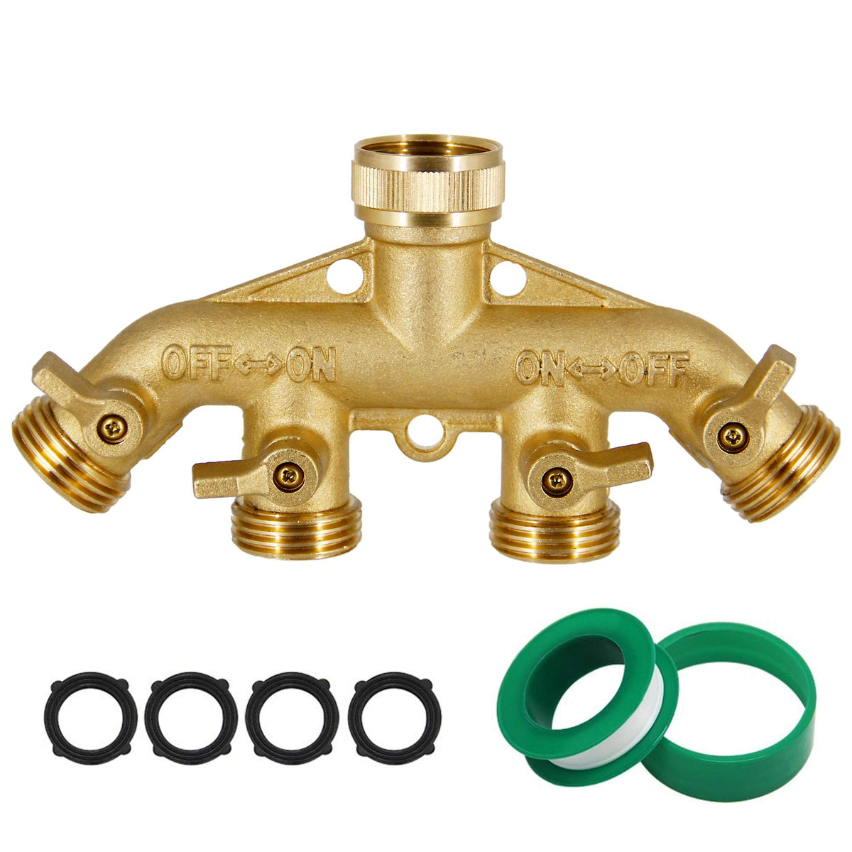 Lifynste 4-way brass hose splitter front view with four outlets for versatile watering