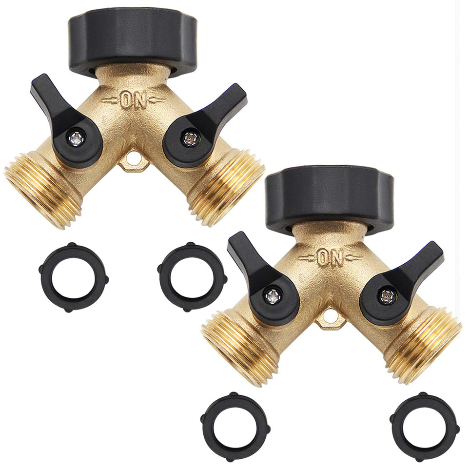 Lifynste brass hose splitter with dual valves installed on outdoor faucet for independent control