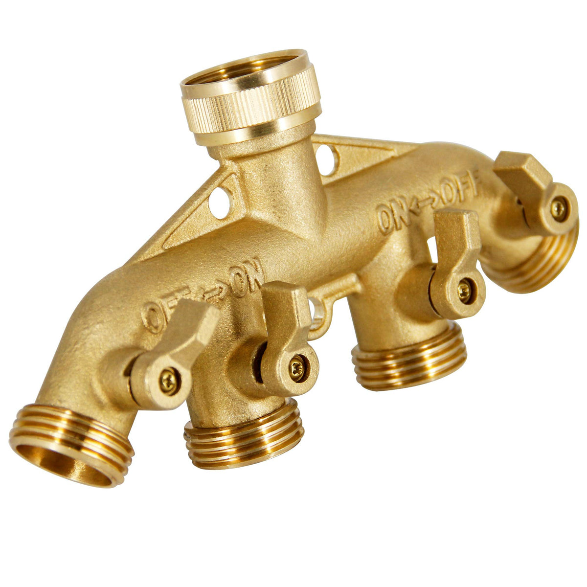Lifynste four-outlet hose splitter connected to faucet for multitasking in the garden