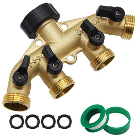 Lifynste four-way brass hose splitter in use powering multiple hoses for watering
