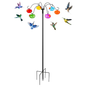 Liitrton glass hummingbird feeder ball closeup with six feeding stations to attract birds