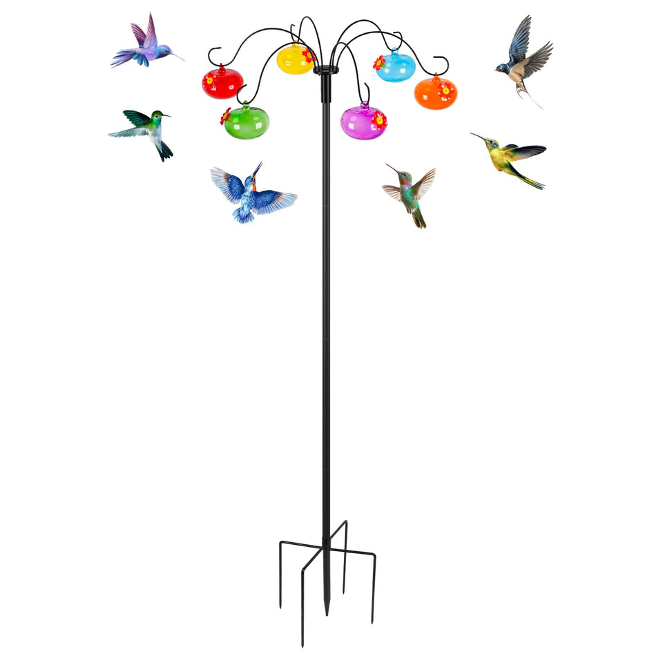 Liitrton glass hummingbird feeder ball closeup with six feeding stations to attract birds