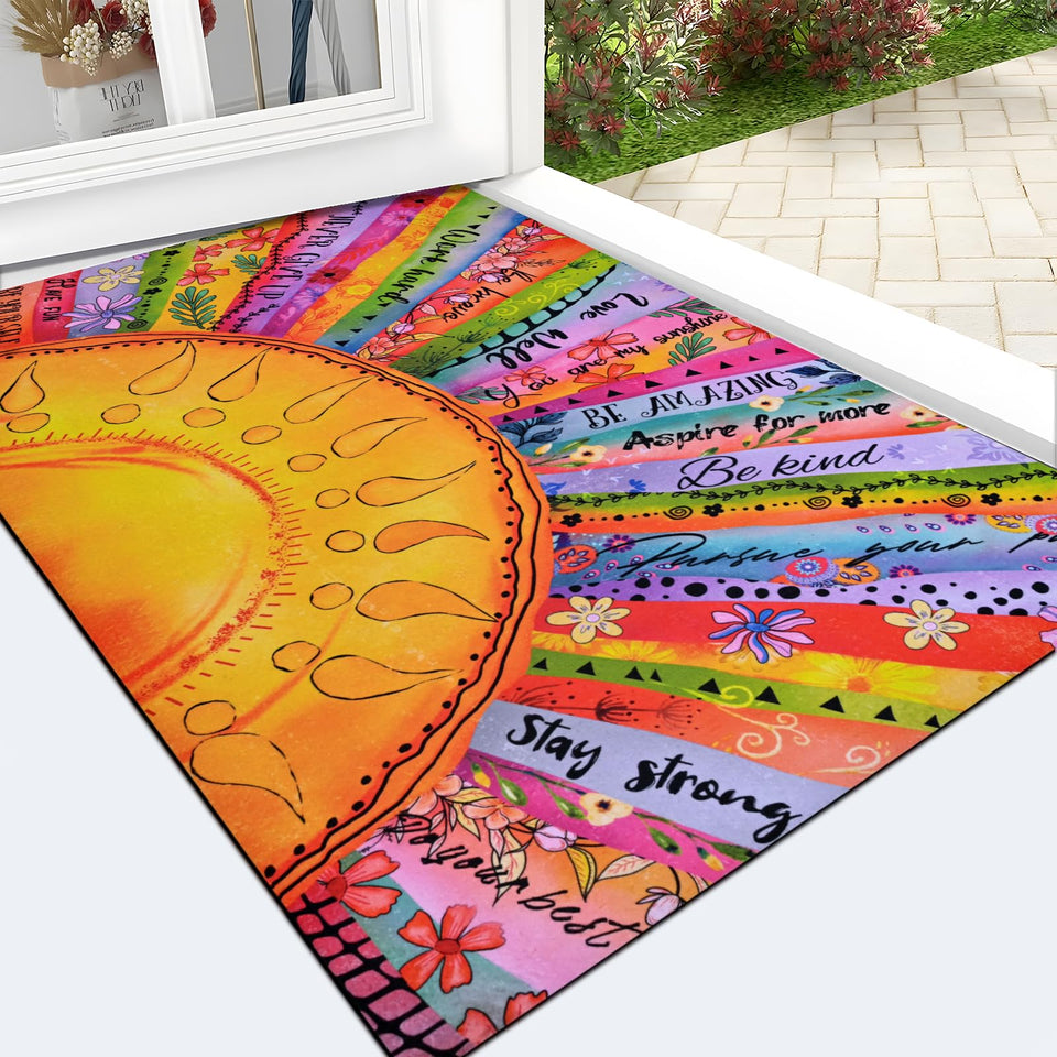 Likiyol boho sun door mat with sun motif and flowers enhances entry curb appeal and dirt capture.