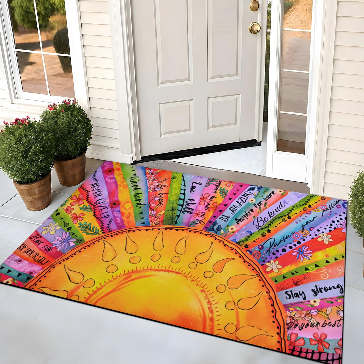 Likiyol colorful floral welcome mat brightens your doorway while trapping dust from shoes.