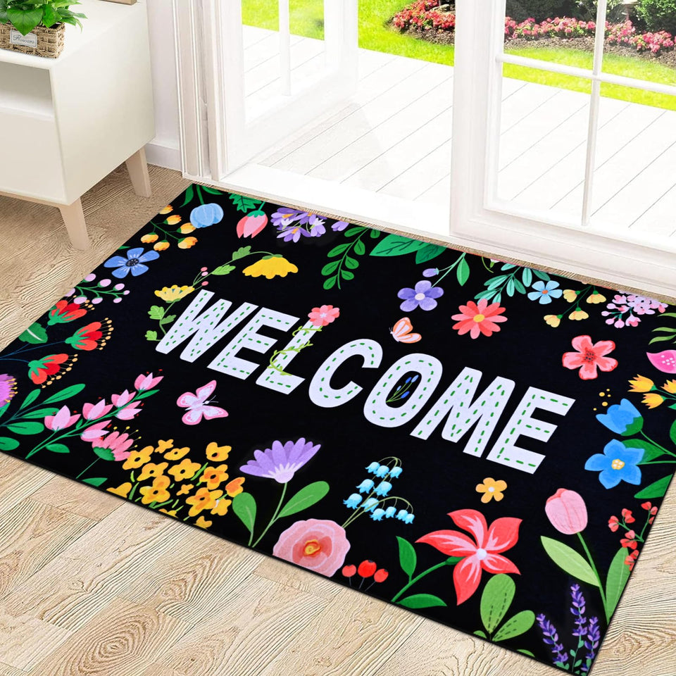 Likiyol Floral Door Mat with colorful flowers and butterflies, welcoming entry and curb appeal