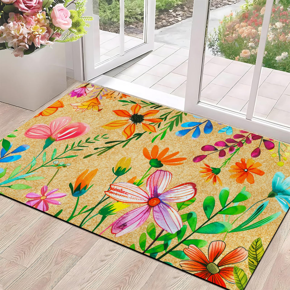 Likiyol floral doormat with colorful flowers welcomes guests at the door.